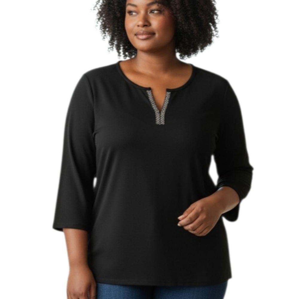 Susan Graver Black Knit Women's Blouse with Rhinestone Neck Detail